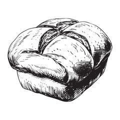 Brioche bread illustration, hand drawn ink drawing of white brioche loaf isolated on white background, vector illustrations