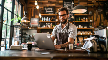 Fototapeta premium A man wearing a beard and apron is sitting at a desk with a laptop