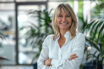 Fototapeta premium Happy cheerful old professional mid aged business man corporate leader, smiling positive mature female