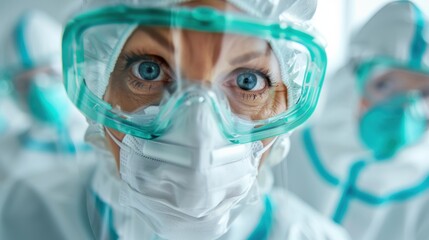 Several scientists wearing protective gear, goggles, and face masks work together in a sterile lab, focusing on collaborative research and safety protocols. Showcases teamwork in scientific research.