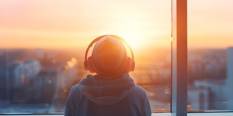 Appreciating a sunset view through a window while listening to lofi music. Concept Sunset views, Lofi Music, Relaxation, Appreciation, Atmosphere