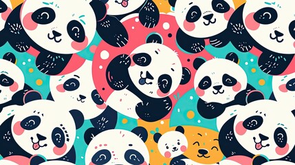 A anime-style image showcasing pandas in different happy moods. The flat vector design has each panda in a unique color.