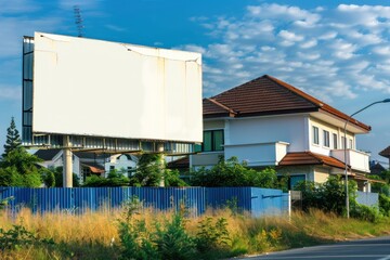 House for sale concept. Mockup blank template billboard copy space near house. Real estate market