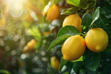 Lemon tree with yellow lemons. Closeup green garden background. Organic food with vitamins