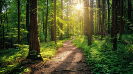 Fototapeta premium Green forest with tall trees, a winding path, sunlight filtering through the leaves