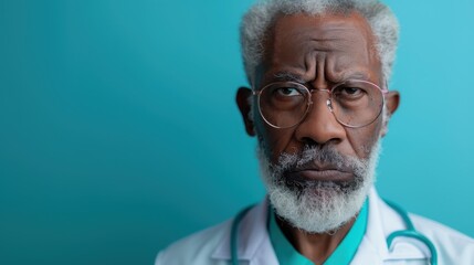 An authoritative figure in a professional outfit, complete with glasses and a stethoscope, portrays a stern expression while standing against a turquoise background, evoking respect and seriousness.