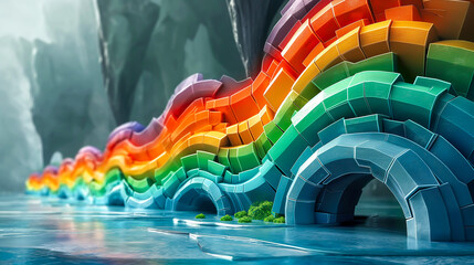 Abstract 3D Rainbow Mosaic, Trendy Modern Background. Colorful, Minimal, Geometric. Shapes, Tiles, Blocks. Equality, Diversity, Human Rights. Harmony, Balance, Creativity, Artistic Vibrant Design