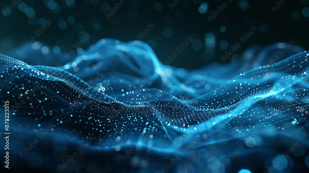 Poster an abstract data technology background. the dots and lines connect against a dark background. 3d ren