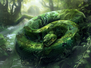 poster for the year of the snake 2025 according to the Chinese calendar. Huge green snake close-up in the forest