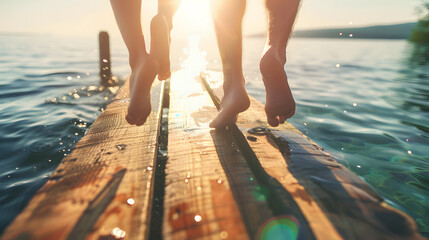 A close-up of a young couple's feet as they jump off the edge of a rustic wooden dock, with the clear, sunlit water below.