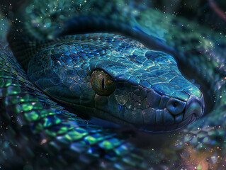 Fototapeta premium poster for the year of the snake 2025 according to the Chinese calendar. Huge snake close-up in the forest