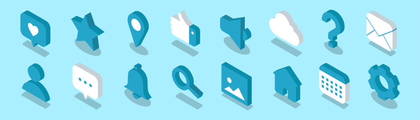 3d vector icons collection for internet, social media and mobile app. 16 isometric icons including location, gear, like, thumbs up and more