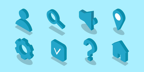 User profile Isometric icon set. Account management 3D vector icons in blue color. Search, settings, home page and more signs for app or web