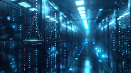Fototapeta premium Digital law concept Scales of law in data center. Abstract backdrop