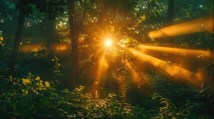 Fototapeta premium Golden hour sunlight streaming through forest