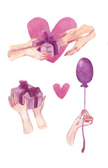 Illustration in watercolor,  hand drawn icon. The concept of giving and receiving gifts.