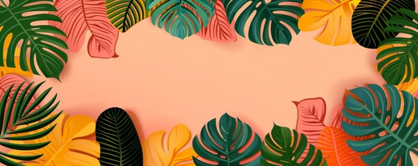 Colorful tropical leaves arranged in a vibrant border against a pastel orange background, perfect for summer and nature-themed designs.