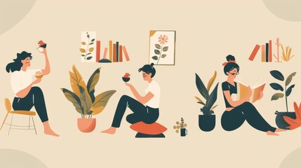 An illustration of a woman's daily routine from morning until evening. Modern lifestyle and modern lifestyle illustration