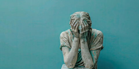 Obraz premium Crying Marble Statue Isolated on Pastel Blue Background: Emotional Art Sculpture, Classical Artwork, Soft and Subtle Color Contrast, Expressive and Timeless Elegance, Poignant and Thoughtful Imagery