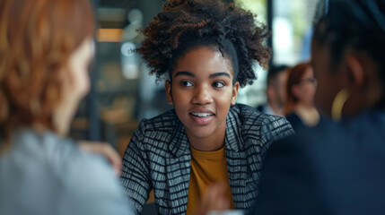 Fototapeta premium A woman with a black and white jacket is talking to two other women
