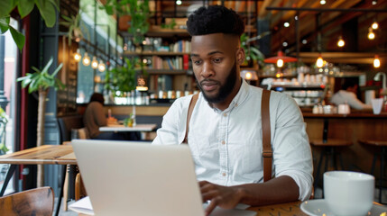 Fototapeta premium A man is sitting at a table in a cafe, using a laptop