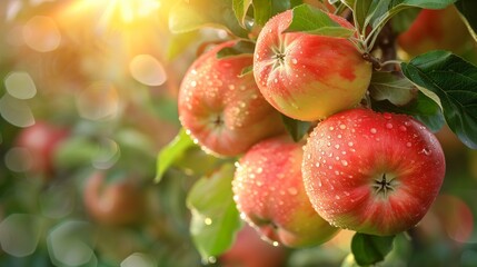 Obraz premium Ripe Apples With Dewdrops Hanging From Orchard Trees Illuminated By Soft Warm Light Surrounded By Green Leaves In A Calm Scene