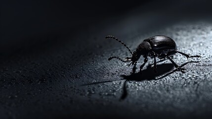 An closely view of a little black bug poised on a shadowy surface
