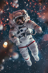 Fototapeta premium Astronaut wearing space suit floating in space with christmas lights