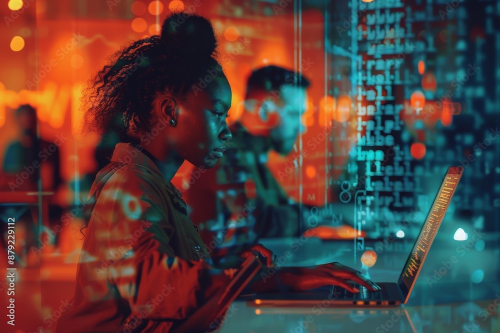 Poster an image of a laptop with a code hologram and a woman thinking about data analytics at night and thi