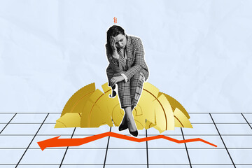 Composite photo collage of upset girl sit broke dollar coin arrow recession bankrupt problem...