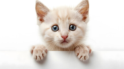 Cute kitten holding blank banner isolated on white background