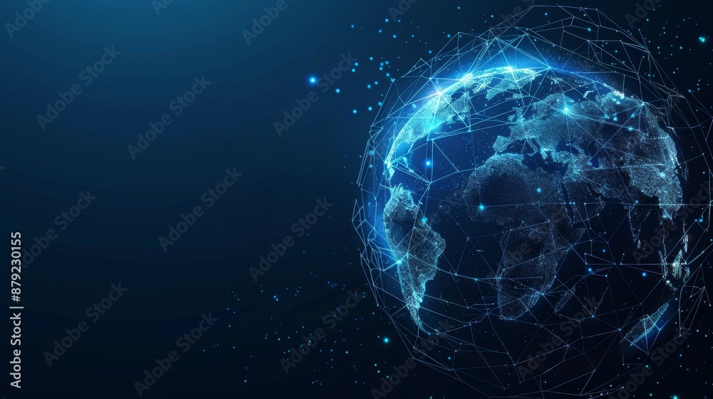 Poster Detailed blockchain technology futuristic background with globe and polygons peer-to-peer network. Global blockchain business banner.