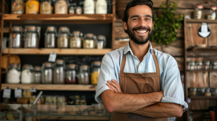 Fototapeta premium A man with a big smile is standing in front of a store with apron on