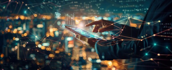 Using a tablet in a double exposure against a futuristic network-connected city technology background