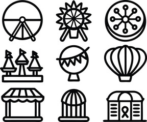 set of amusement icon illustration. park, fun, amusement park, attraction, summer, festival,tourism