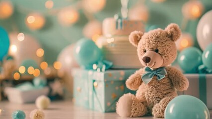 A plush teddy bear sits in front of a table adorned with gifts and balloons, celebrating a baby shower.