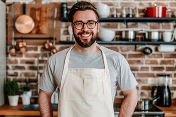 Fototapeta premium A Smiling Chef Stands Ready in a Modern Kitchen