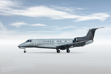 Modern luxury private jet isolated on bright background with sky