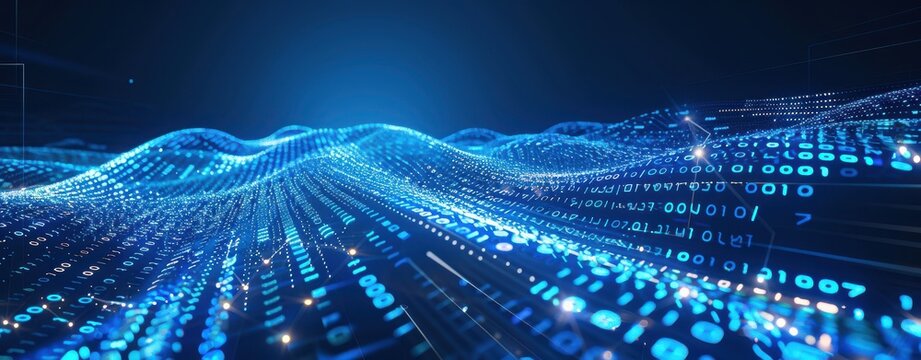 Abstract digital wave with binary code. Concept of big data, artificial intelligence, machine learning, and technology.