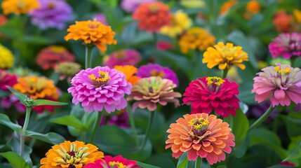 An original floral shot shows an area full of rainbow zinnia flowers very detailed and realistic shape
