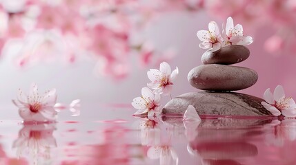 Zen stones, water, and Japanese cherry blossoms on a pink background with copy space. Wellness and harmony, massage and body care, spa and wellness concept.