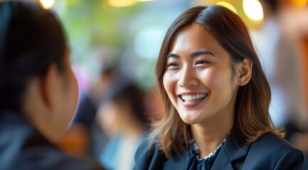Obraz premium happy confident asian business woman professional bank manager speaking to colleague working at office corporate meeting. lawyer attorney consulting on finances management with client.