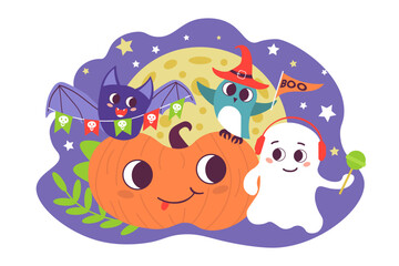 Cute Halloween illustration of smiling pumpkin, bat with festive banner,  owl in witch hat, and friendly ghost with headphones holding a lollipop. Starry, moonlit night. Halloween design. Vector.