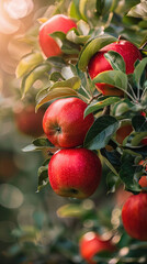 Obraz premium Red apples on a tree. Fresh ripe red apples background. close-up of apple fruit with green leaves in the background. Fresh fruit