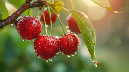 Obraz premium Fresh fruit. Ripe red cherries with water drops hanging on the tree branch. Close-up of fresh red cherries. 
