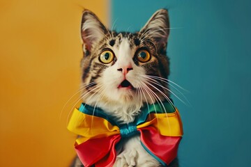 Capture an image of a cat with wide eyes and an open mouth, wearing a large, colorful bow around its neck.