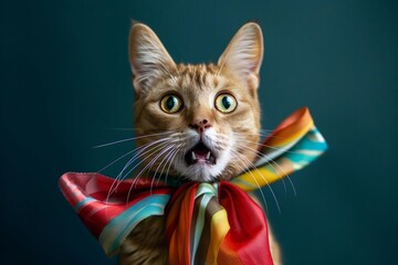 Capture an image of a cat with wide eyes and an open mouth, wearing a large, colorful bow around its neck.