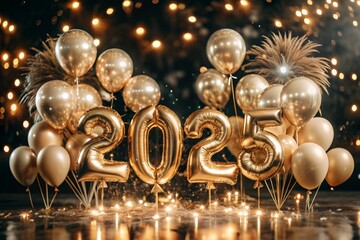 Happy New Year 2025. Helium balloons made of gold foil with the numbers 2025 and confetti on a black background. A festive poster or banner for a party and New Year's Eve.