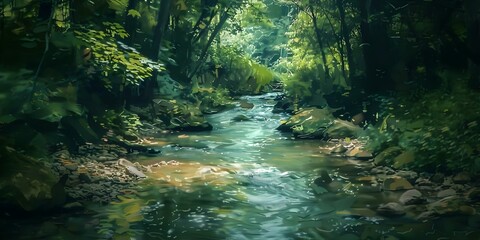 Tranquil Forest Stream in Digital Painting Style Perfect for Ecotourism Promotions. Concept Ecotourism, Forest Stream, Digital Painting, Tranquility, Nature Illustration