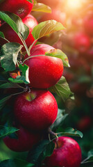 Obraz premium Red apples on a tree. Fresh ripe red apples background. close-up of apple fruit with green leaves in the background. Fresh fruit